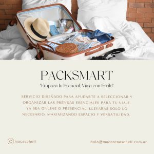 servicio diseñado para ayudarte a seleccionar y organizar las prendas esenciales para tu viaje. Ya sea online o presencial, llevarás solo lo necesario, maximizando espacio y versatilidad